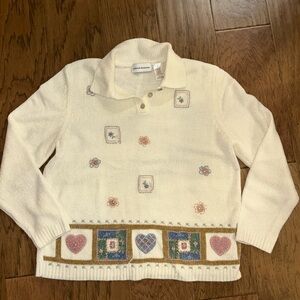 Alfred Dunner Cream Sweater with Heart and Floral Patterns